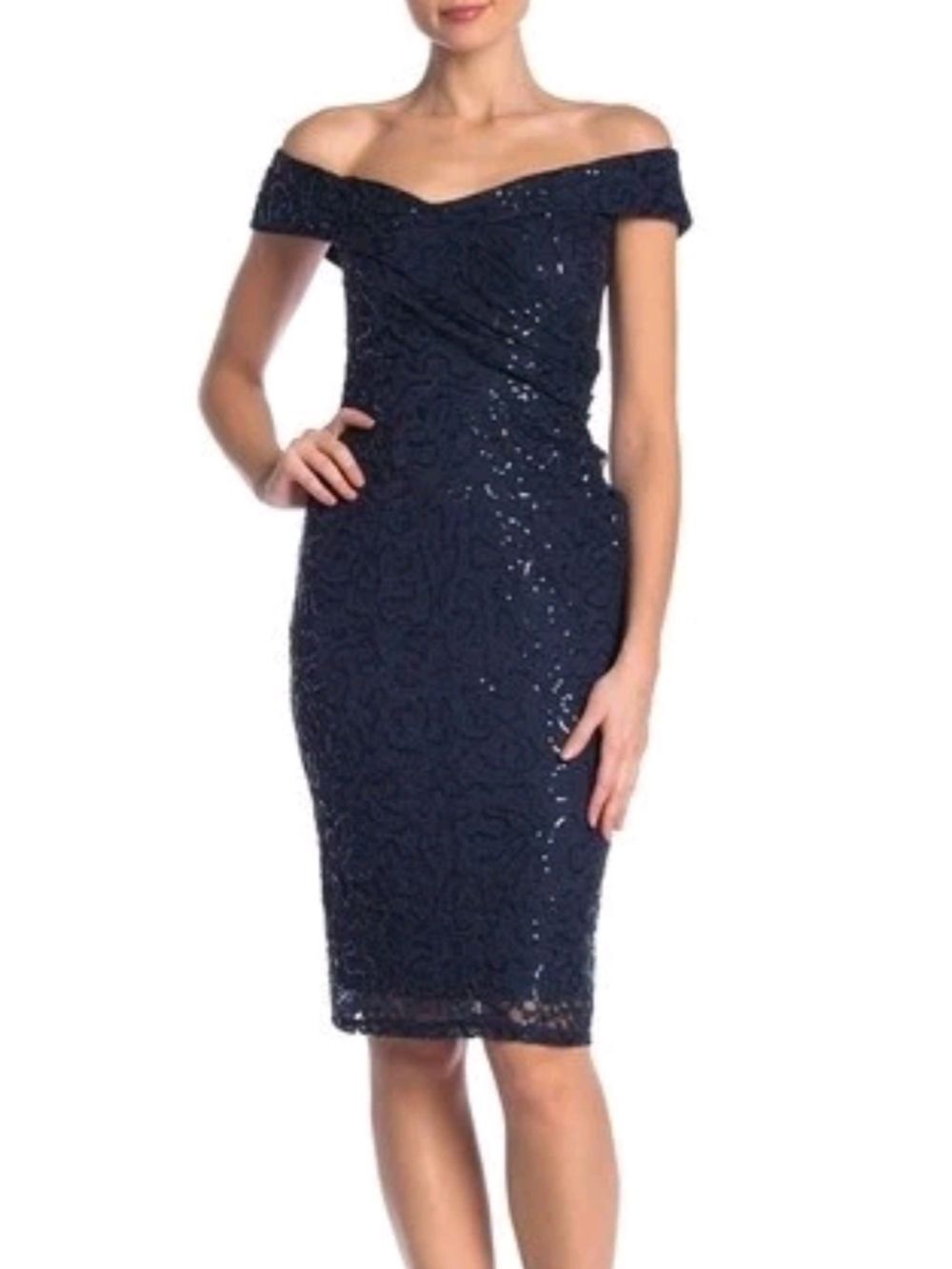 Marina Nordstrom Navy Blue Sequin Formal Party Sheath Midi Dress NWT Size 12